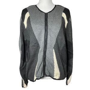 Alpaca Blend Geometric Sweater XL Full Zip Crew Neck Black White Gray Talbots